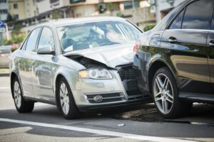 Two cars after a rear end collision