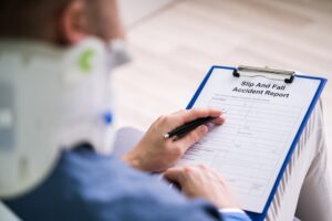 Slip and Fall Injury Lawyers in Mableton | John Foy & Associates injured man in neck brace fills out slip and fall accident report