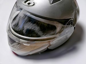A scuffed helmet after a crash.