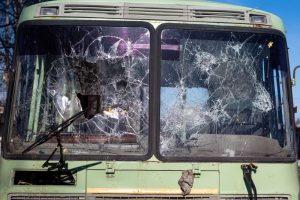 bus with shattered windshields
