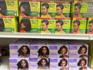 hair relaxers on a store shelf