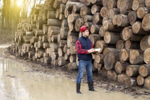logger standing next to a wall of logs