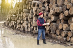 Logger Workers’ Compensation Claims in Atlanta logger standing next to a wall of logs