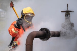 a firefighter with an ax approaching a large pipe