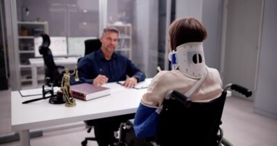 A woman in a neck brace sits across from a man at a desk asking if she needs a lawyer for a federal workers’ compensation case.