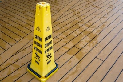 Can Health Insurance Cover Cruise Ship Injuries? | John Foy A wet floor warning sign put up after someone slipped on a cruise ship and was left wondering, “Does health insurance cover cruise ship injuries?”