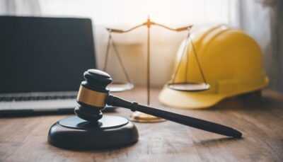 Judge's hammer and helmet. Labor law concept. How to prepare for a workers' compensation hearing.