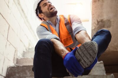 An injured worker grasps his foot and wonders what to do after a construction site injury.