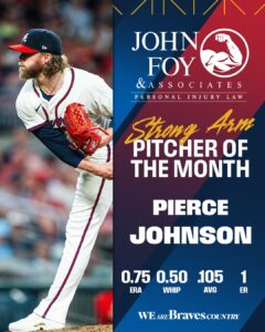 The Jon Foy Atlanta Braves strong arm pitcher of the month is Pierce Johnson