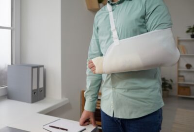 Man with bandage hand standing next to desk while wondering about the odds of winning a workers’ compensation appeal.
