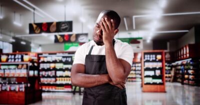 Man standing in a grocery store in his uniform, wondering what to do after being injured while working at Whole Foods.